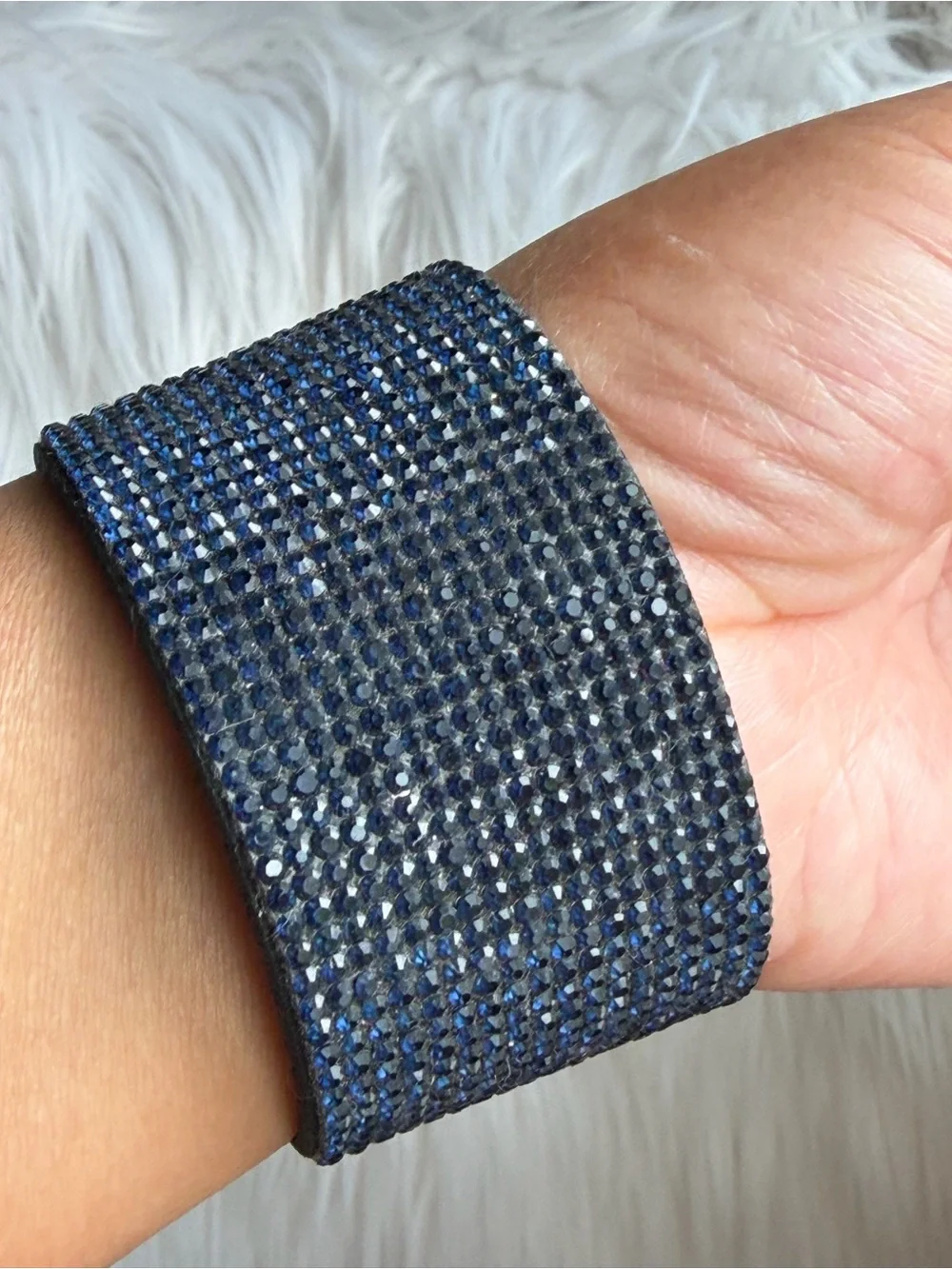 Navy Rhinestones Crystals Leather Wide Band Bracelet Gold-Tone Twist Lock